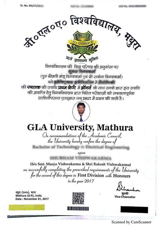 GLA University Online Sample Certificate